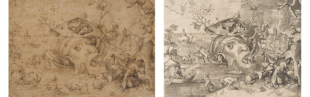 Composite image of Bruegel's drawing and the print side by side of Temptation of St Anthony