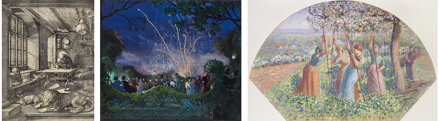 Three prints featuring Durer's St Jerome in his study engraving on the left, Somov's Fireworks watercolour in the middle and Pissarro's Pea-Stakers on the right