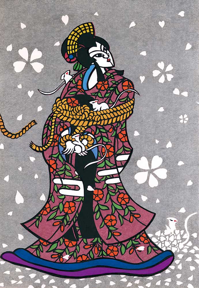 Colourful Japanese woodblock print of a woman in a Cherry Blossom Blizzard, by Hiromitsu 
