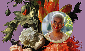 In Bloom audio guide graphic with small image of narrator Arit Anderson