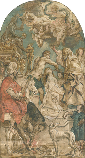 Ink drawing by Jacques Jordaens showing the martyrdom of Saint Apollonia with many figures