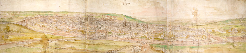 Panoramic View of Brussels from the North, Anthonis van den Wijngaerde, 1558, pen in brown ink, with watercolour in green, red & blue-grey, over traces of black chalk, on 3 joined sheets of laid paper