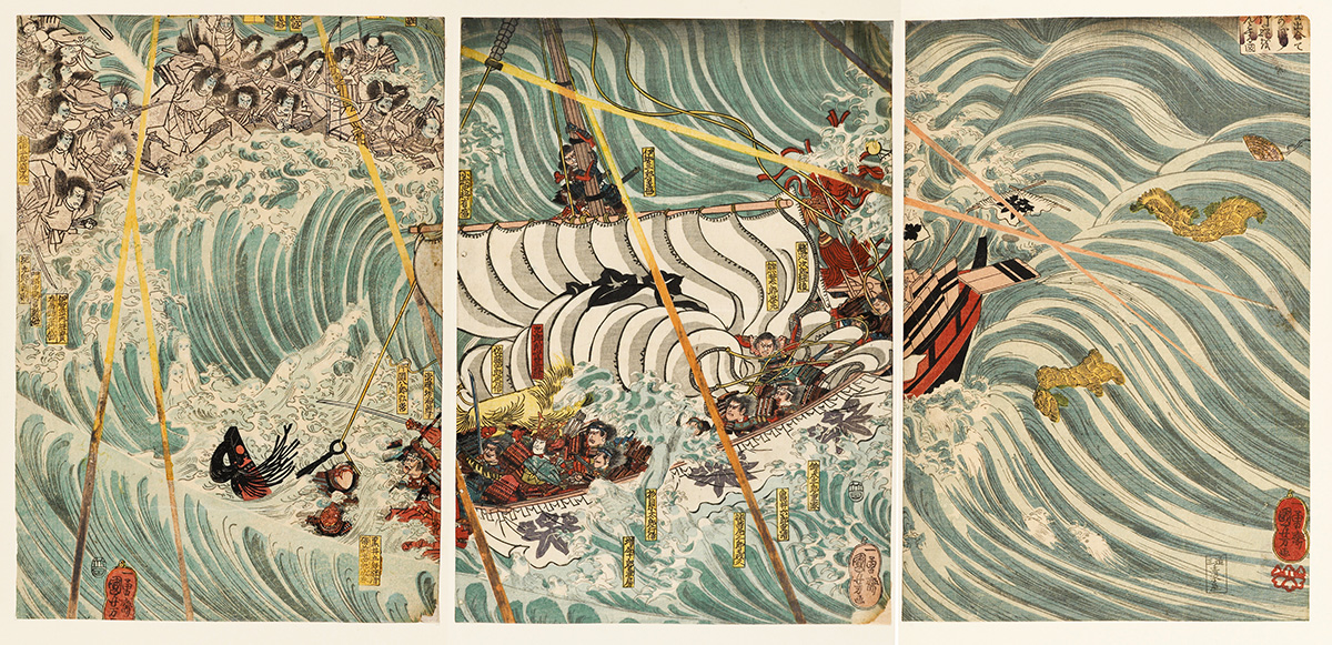 A colourful Japanese triptych colour print depicting Taira Ghosts Attacking Yoshitsune’s Ship in swirly blues and creams