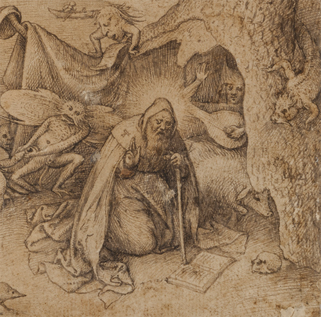 Detail of the saint praying in Bruegel's allegorical Temptation of St Anthony drawing