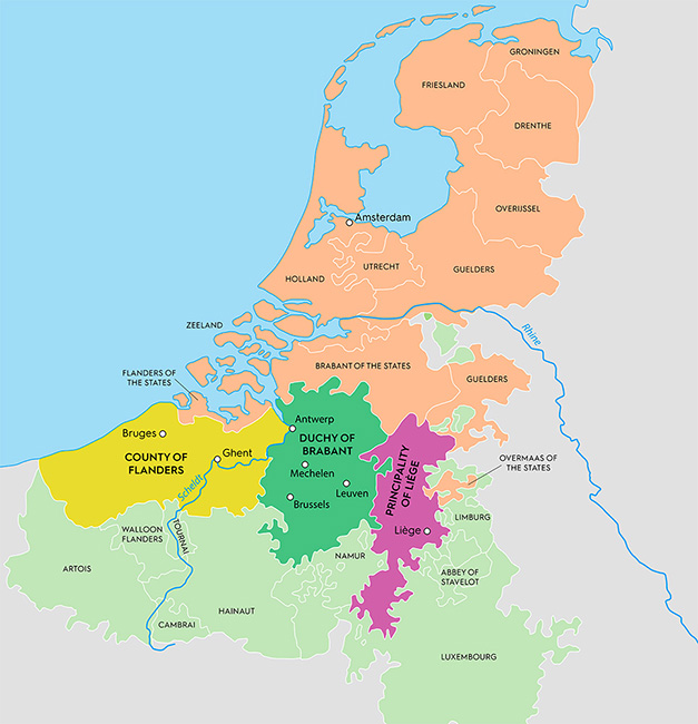 Colour map of Southern Netherlands in the 16th-17th century showing