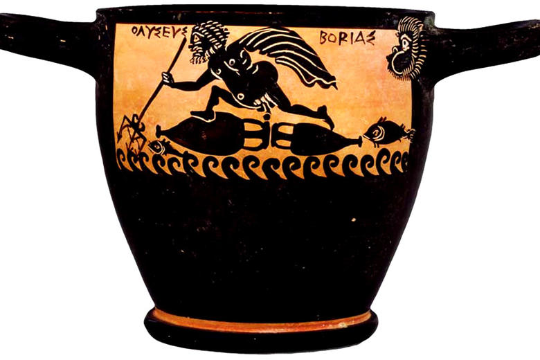Boeotian black-figure skyphos depicting Odysseus at sea