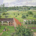 Painting by Camille Pissarro of a view from a window over a green landscape, with buildings and figures in the foreground