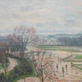 Impressionist painting by Camille Pissarro of landscaped gardens in the rain, with a cloudy sky behind
