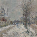 Painting by Claude Monet of a winter scene, with trees, buildings and villagers in the distance