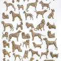 Wall display of 40 unfired clay sculptures of different dog breeds by artist Daphne Wright  