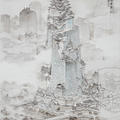 A grey and white pencil rendering of a tall building with intricate detail