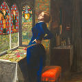Mariana by John Everett Millais - she stands above a red velvet stool and in front of stained glass and wearing a rich blue dress c Tate Britain
