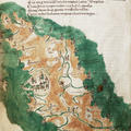 A map of the island of Crete, made in the 15th century, coloured in browns and greens