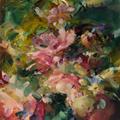 Carcass by contemporary London artist Flora Yukhnovich, 2023. oil on linen i swirling pinks, orange and greens