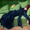 Jove Decadent, Despres del ball by Ramon Casas, 1899, a beautiful oil painting showing a young woman reclining on a green chaise long, wearing a black dress and holding a yellow book