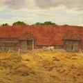 Painting of a rural scene with red and brown barn and yellow straw on the ground in the foreground