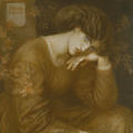 A painting of a seated woman who rests her head on her left hand, her elbow resting on her knee