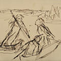 A line drawings of figures punting on a river