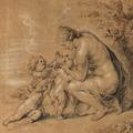 Rubens finely crafted drawing for a friendship book of Venus nursing three putti; Crescetis Amores