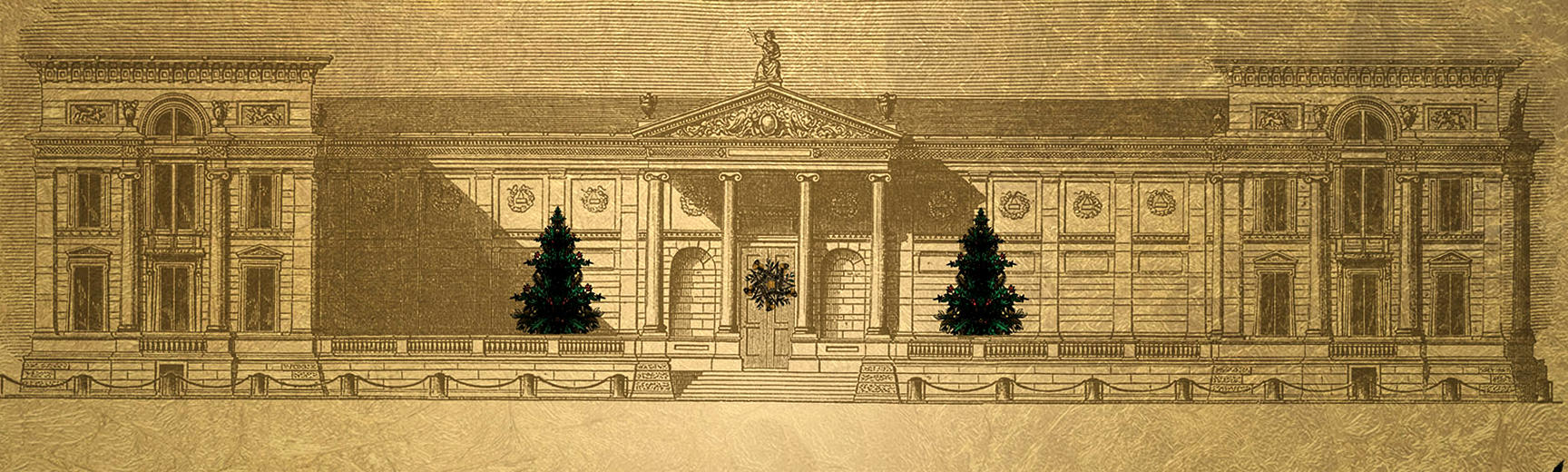 Drawing of the front of the Ashmolean Museum in black and gold, with Christmas trees in front