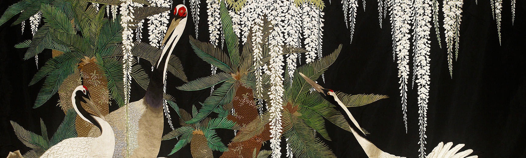 Cranes, cycads and wisteria Japanese screen detail