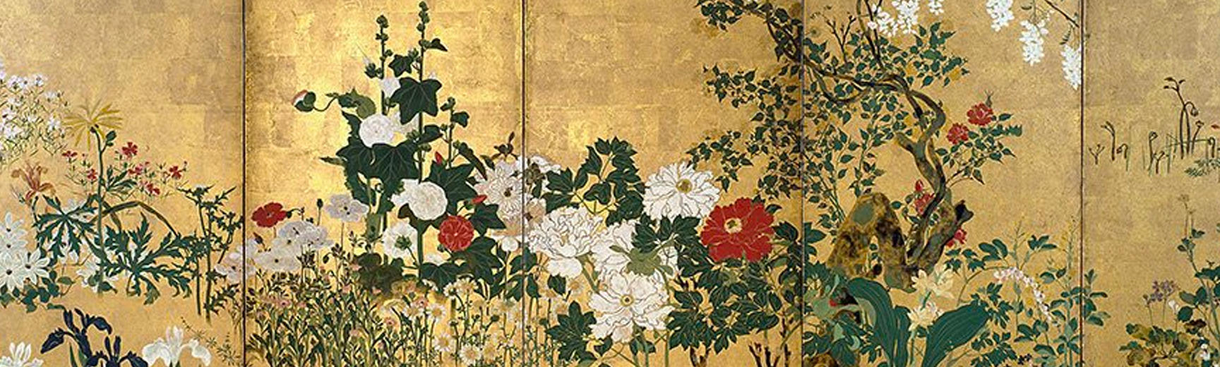 Artwork with colourful red and white flowers on a golden background