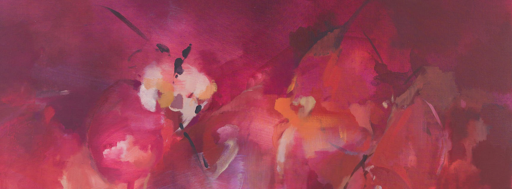 Detail from the Ashmolean Now summer exhibition of Flora Yukhnovich' artwork showing abstract flowers