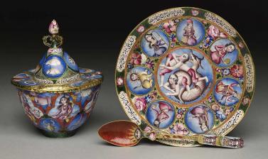 Astrological bowl, saucer and spoon
