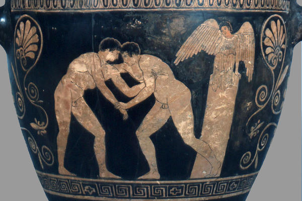 Ancient Greek attic red-figure cup depicting wrestlers