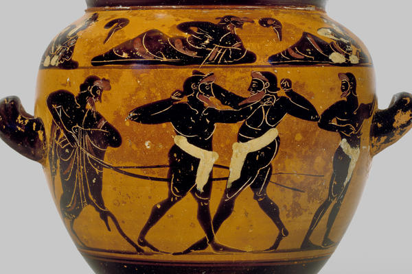 Attic black-figure pottery from ancient Greece depicting two wrestlers