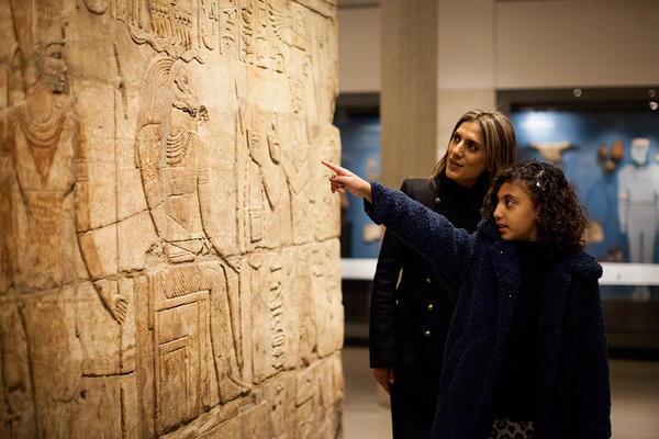 Mother and Daughter looking at Hieroglyphics in the Egypt Gallery
