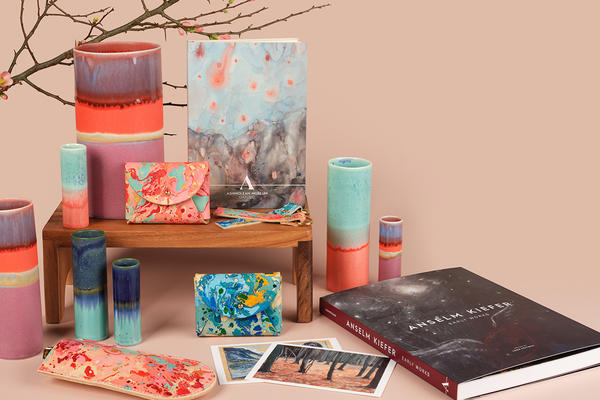 Range of products from the Ashmolean shop, including books, vases and purses