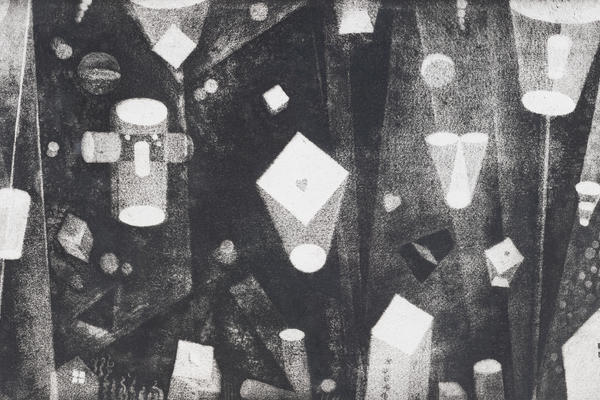 A black and white etching of various wandering 3D shapes drifting in space