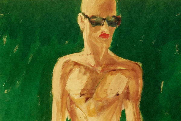 Rote Punkte (or Red Dots) print by Salome, 1995 - shows an almost naked with sunglasses and red lipstick against a green wash. Salome was a 90s German punk printer. Young & Wild? exhibition poster image