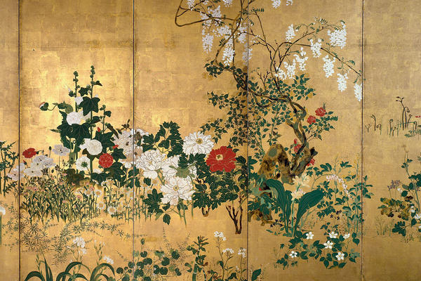 Japanese panelled screen of spring and summer flowers by Watanabe Shikō 