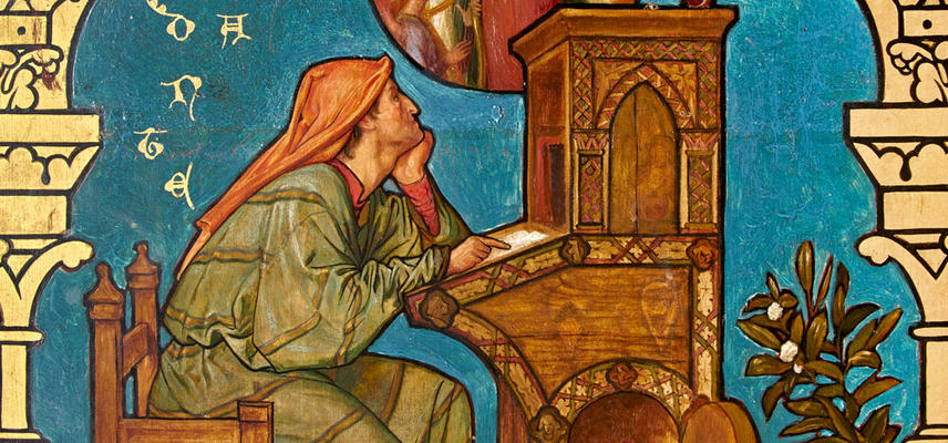 A detail from the Pre-Raphaelite Great Bookcase of a man seated at a wooden desk. The bookcase is decorated in vibrant reds, blues, greens and gold.