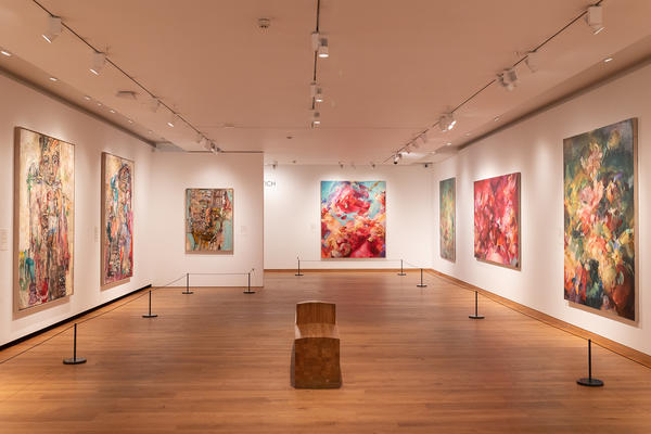 Inside the Ashmolean now exhibition with a long shot of the gallery showing large-scale colourful paintings by Flora Yukhnovich and Daniel Crews-Chubb