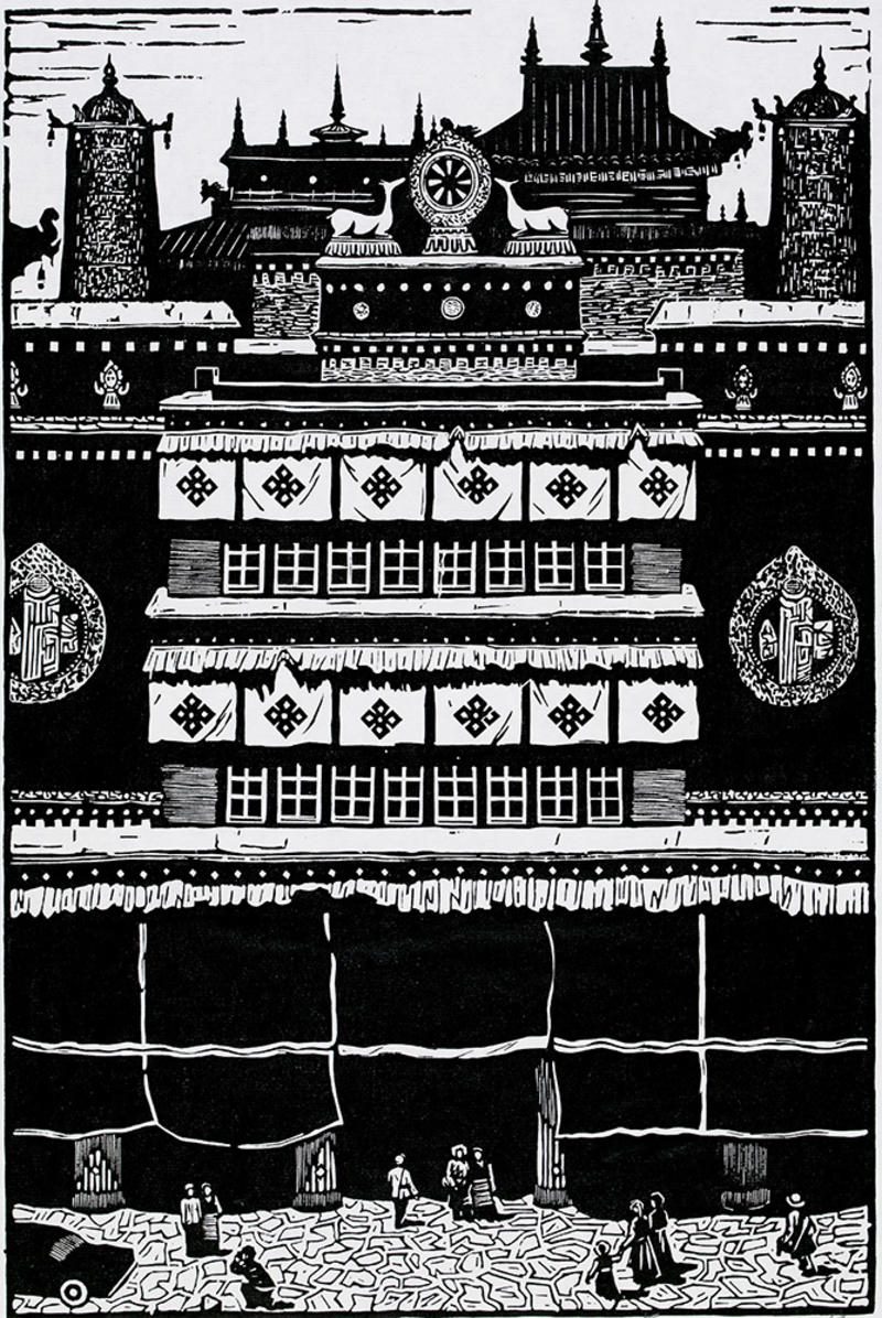 Ancient Temple on the Plateau black and white stylised woodcut showing a stylised scene of Tibetan incorporation into People's Republic of China