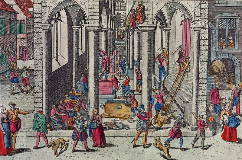 Colourful 16th-century etching showing a lively scene in Antwerp Cathedral