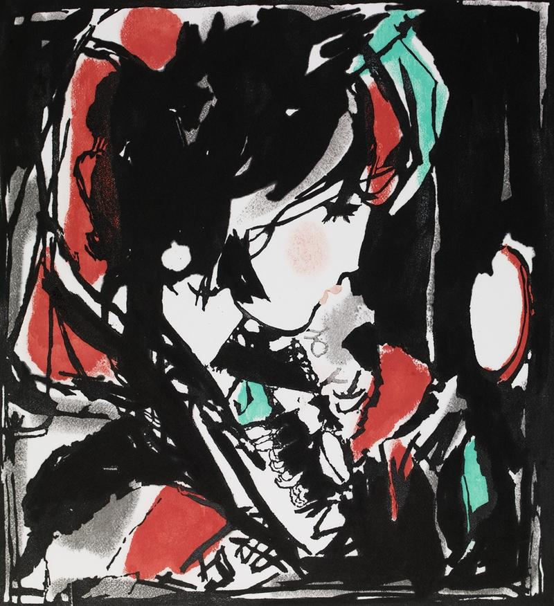 Multi-block woodcut with red, blue and pink accents, depicting a young woman in profile holding a small mirror up to her face