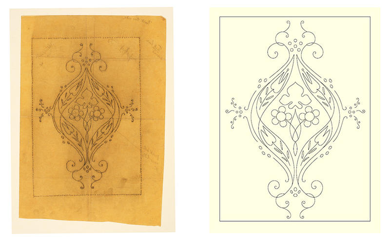 May Morris flower embroidery design from her scrapbooks with the pattern outline on the right showing geometric shapes