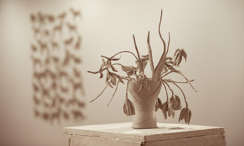 Flowers unfired clay display Inside the Daphne Wright exhibition