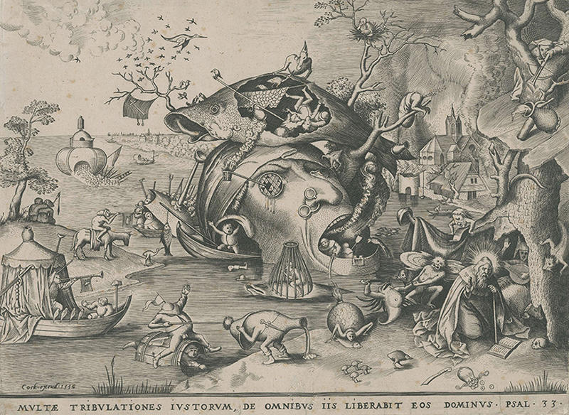 An engraving of a print titled The Temptation of St Anthony