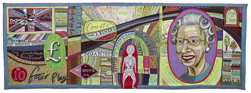 Comfort Blanket tapestry in bright colours, by artist Grayson Perry, 2014 showing popular British symbols and slogans, including the pound sign and Queen Elizabeth's portrait