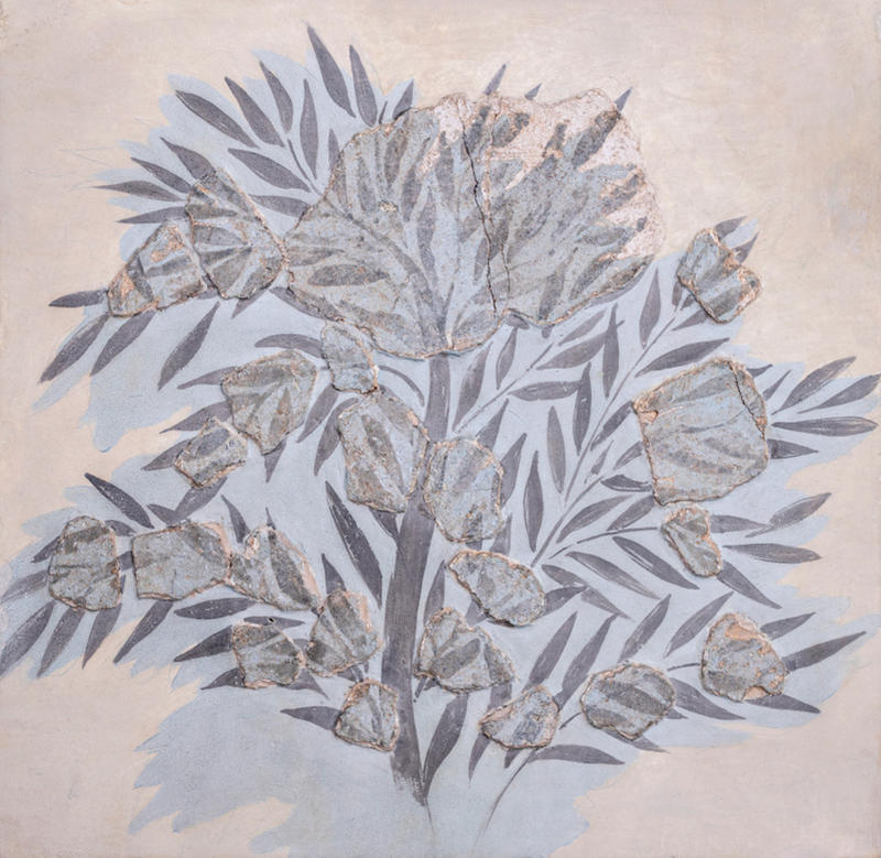Olive tree fresco from Knossos in pale silvery greys, dating back to 1700-1450 BCE, measuring 75 x 70 com