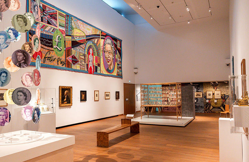 Inside the Money Talks exhibition in gallery 2 with the Grayson Perry Comfort Blanket