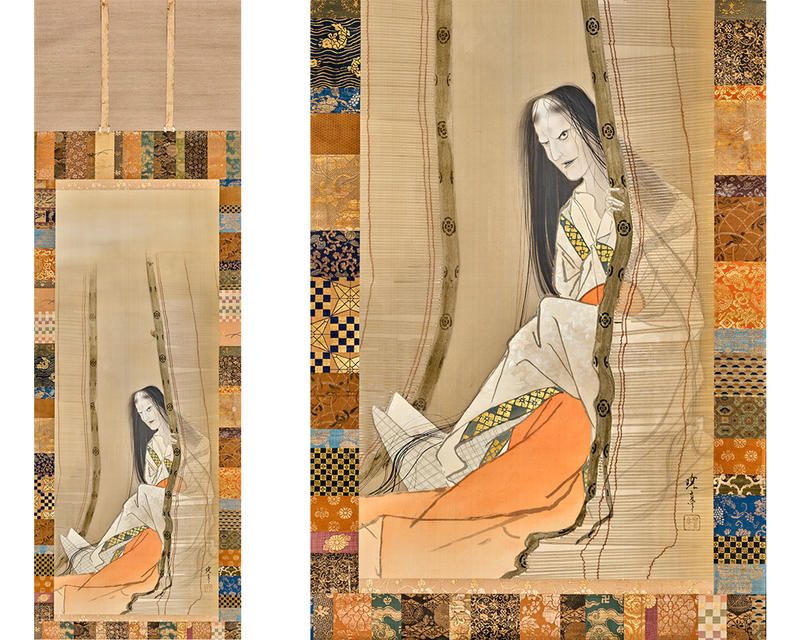 Bamboo blind showing a Japanese ghost in oranges and creams