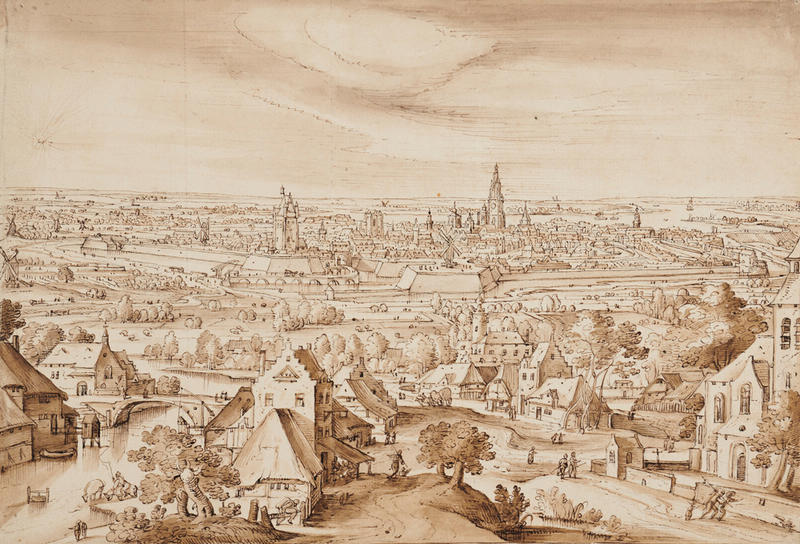 Ink drawing by Hans Bol, from the 16th century, showing a distant but detailed view of the city of Antwerp