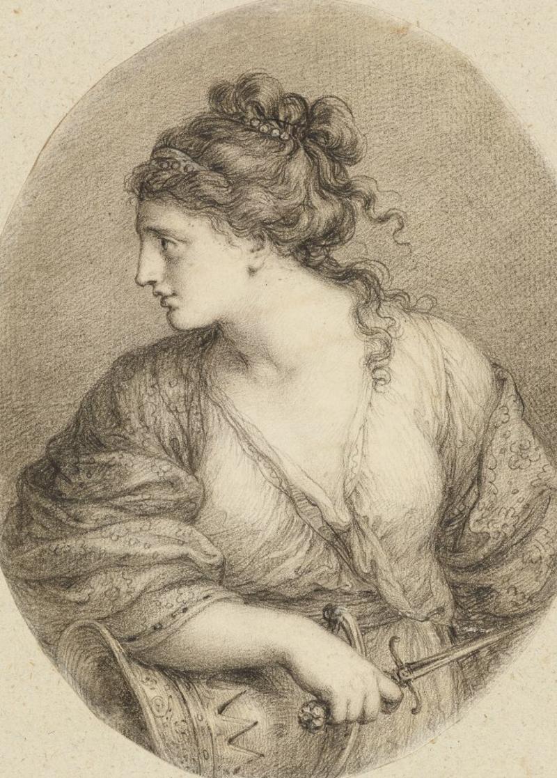 Black chalk drawing of a young woman with a dagger