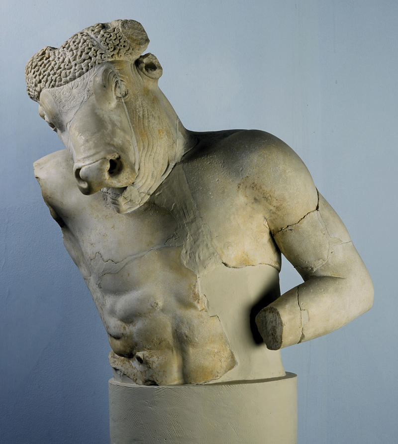 Marble sculpture of the mythical minotaur, with a bull's head a human torso